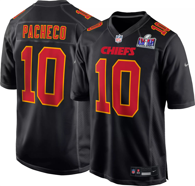 Men's Kansas City Chiefs #10 Isiah Pacheco Black 2024 Super Bowl LVIII Patch Limited Stitched Game Jersey